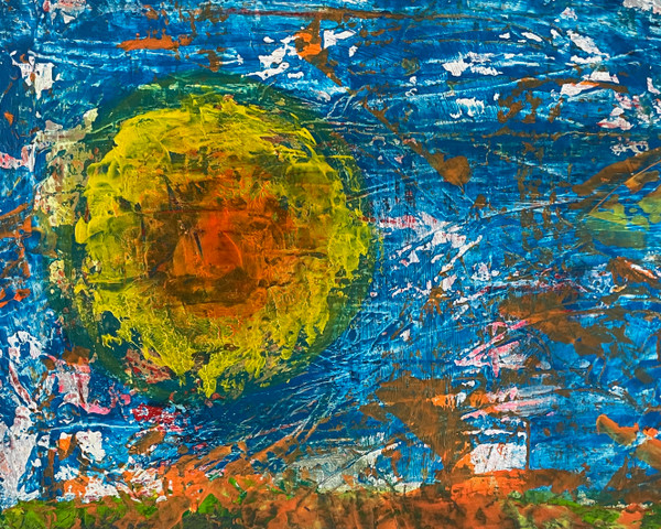 original painting of a sun with orange center and deep yellows around it, on a sky of deep turquoise, with orange, white and red speckles, and a small amount of ground with grean and orange.