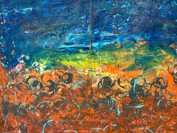 original abstract painting of dusk in autumn with deep oranges, a deep blue sky, yellow and greens, and bright aqua circle lines in the oranges.