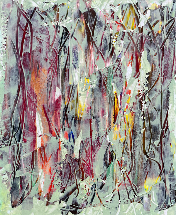 original abstract painting with swirls and  mostly vertical uneven curved lines of vivid colors with a sage color overlapping.