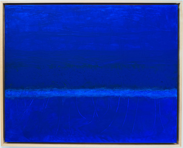 Original abstract color study in vivid royal blue with subtle horizontal wavy lines of dark yellow, maroon, purple, and turquoise, and with textured vertical lines from previous paintings (it's a recycled canvas).