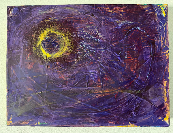 photo of abstract painting with deep purples, maroon, gold/ochre, yellow, red, pink, with lines and circles and swirls, with a purple sphere with yellow surrounding, creating a surreal sunscape