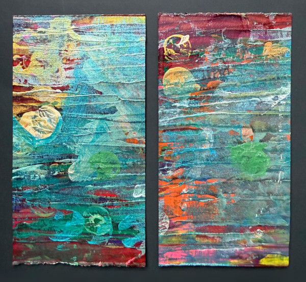 original abstract paintings placed side by side, mounted on black card stock, with teals, metallics, pink, green, orange, purple, blue, white, and other colors, swirls and textures,  with whimsical feel