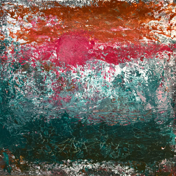 original abstract painting with dark orange and fuschia sky, deep cool green foreground, white, pale green, and other colors in the textured land and mountains with a fuschia sun or moon