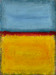 original abstract art, color fields of medium and light blues, and of deep yellow, gold and orange, with a red horizontal rough edge border between them. edges of painting have a variety of colors like green.