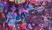 original abstract painting with multiple shades of purples, reds, blues, mauve, with some yellow and green, with waving lines