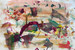 original abstract painting with vivid purple and soft colors, with various size shapes