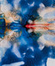 original abstract fold-over art with deep blue, orange, light blues, forming a dramatic line and reflection of the colors and various shapes