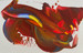 original abstract painting with deep reds and brown with blue and yellow accents in swirls and droplets