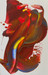 original abstract painting with deep reds and brown with blue and yellow accents in swirls and droplets