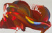 original abstract painting with deep reds and brown with blue and yellow accents in swirls and droplets