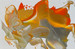 original abstract painting with swirls of orange, deep yellow, gold, silver, and ochre