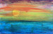 original abstract landscape mixed media painting on recycled mat board and paper, with blues, yellows, oranges, and purples.