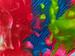 original abstract painting with vivid red, blue, and green, and a little bright pink, with rivulets resulting from a fold-over process.