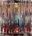 original abstract painting on ridged recycled cardboard with a variety of colors, mostly darker.
