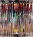 original abstract painting on ridged recycled cardboard with a variety of colors, mostly darker.