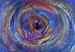 original abstract painting of swirling blue, purple, orange, pink, reds and gold, with a gem-like circular center