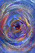 original abstract painting of swirling blue, purple, orange, pink, reds and gold, with a gem-like circular center
