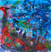 original abstract painting with vivid reds and blues and specks of multiple colors.