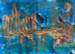 abstract painting with, blue, green, teal, and gold,  people-like figures walking near a lake or river or ocean. painted on layers of recycled cardboard, some piece sticking out.