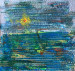 abstract landscape painting of sun over the ocean on recycled cardboard.