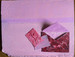 original mixed media painting with recycled cardboard, envelope, and art paper cards painted in pinks, light purple, and reds. envelope is useable, has 2 small painted cards in it, matching the colors.