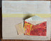 original mixed media painting with recycled cardboard, envelope, and art paper cards painted in yellows and oranges. envelope is useable