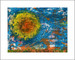 Painting of a sun with orange and yellow, against a turquoise sky, with dapples of colors all around the painting.
