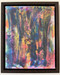 Photo of framed canvas print, from original abstract painting of multiple colors (greens, blues, pinks, oranges, reds, gold) with sweeping swirling .lines.