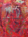 abstract painting with vivid reds, maroon, pink, metallic silver and gold, yellow, and teal, on recycled cardboard box, showing the line folds of the box, in contrast to the swirls and textures.