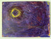 photo of abstract painting with deep purples, maroon, gold/ochre, yellow, red, pink, with lines and circles and swirls, with a purple sphere with yellow surrounding, creating a surreal sunscape