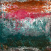 original abstract painting with dark orange and fuschia sky, deep cool green foreground, white, pale green, and other colors in the textured land and mountains with a fuschia sun or moon