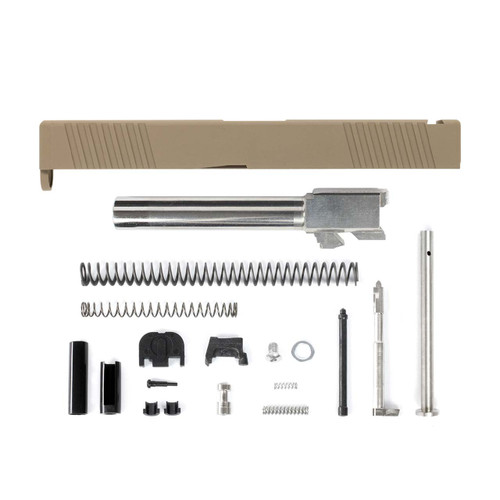 Complete G17 Compatible Slide w/ Front & Rear Serrations - FDE w/ Stainless, Black, Threaded or Non-Threaded Barrel Complete G17 Compatible Slide w/ Front & Rear Serrations - FDE w/ Stainless, Black, Threaded or Non-Threaded Barrel