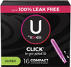 U By Kotex Click Compact Tampons, Super Absorbency, Unscented, 16 Count (Packaging May Vary), 0.220 Lb