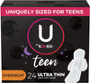 U by Kotex Teen Ultra Thin Feminine Pads with Wings, Overnight, Unscented, 24 Count