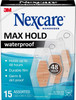 Nexcare Max Hold Waterproof Bandages, Stays On for 48 Hours, Flexible Bandages for Fingers, Knees and Heels - 15 Pack Clear Waterproof Bandages