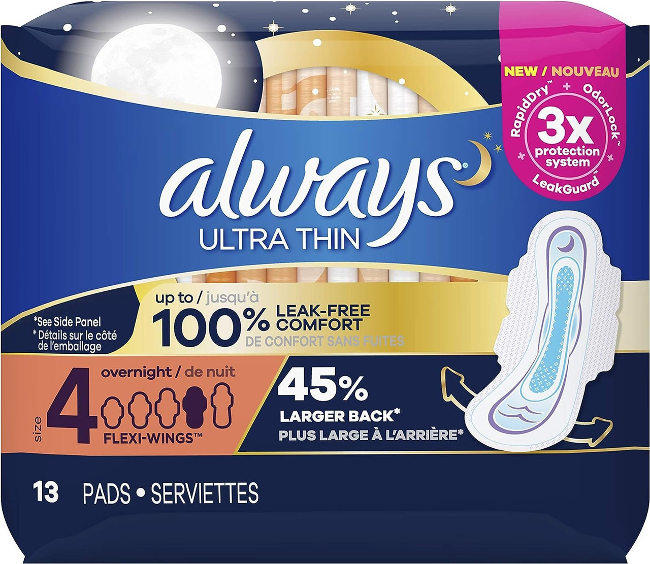 Always Ultra Thin, Size 5, Extra Heavy Overnight Pads With Wings