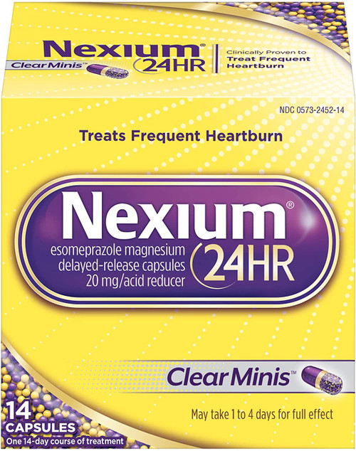 Nexium 24HR (14 Count, ClearMinis) All-Day, All-Night Protection from Frequent Heartburn Medicine with Esomeprazole Magnesium 20mg Acid Reducer, 38% Smaller Capsule Nexium 24HR (14 Count, ClearMinis) All-Day, All-Night Protection from Frequent Heartburn Medicine with Esomeprazole Magnesium 20mg Acid Reducer, 38% Smaller Capsule