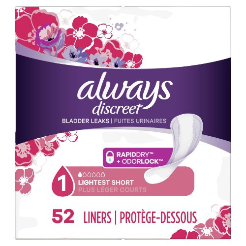 Always Discreet Liners For Bladder Leaks, Lightest Short, 52 count