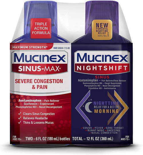Mucinex Maximum Strength Sinus-Max Severe Congestion & Pain & Nightshift Sinus Liquid, 6 Fl Oz (Pack of 2) Mucinex Maximum Strength Sinus-Max Severe Congestion & Pain & Nightshift Sinus Liquid, 6 Fl Oz (Pack of 2)