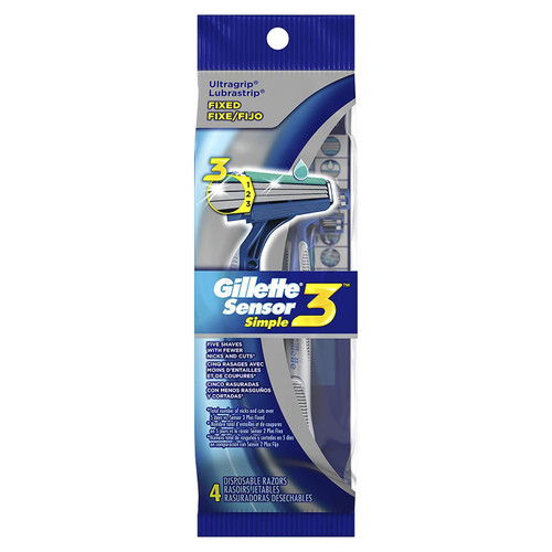 Gillette Sensor3 Simple Men's Disposable Razors, 4 Count