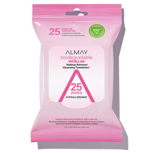 Almay Makeup Remover Cleansing Towelettes, Biodegradable Micellar Water Wipes for Sensitive Skin, Hypoallergenic, Cruelty Free, Fragrance Free, 25 Count Almay Makeup Remover Cleansing Towelettes, Biodegradable Micellar Water Wipes for Sensitive Skin, Hypoallergenic, Cruelty Free, Fragrance Free, 25 Count