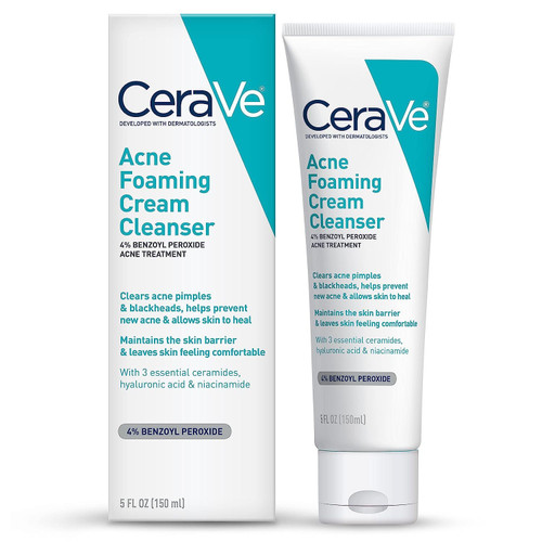 CeraVe Acne Foaming Cream Cleanser | Acne Treatment Face Wash with 4% Benzoyl Peroxide, Hyaluronic Acid, and Niacinamide | Cream to Foam Formula | Fragrance Free & Non Comedogenic | 5 Oz CeraVe Acne Foaming Cream Cleanser | Acne Treatment Face Wash with 4% Benzoyl Peroxide, Hyaluronic Acid, and Niacinamide | Cream to Foam Formula | Fragrance Free & Non Comedogenic | 5 Oz