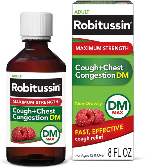 Robitussin Adult Maximum Strength Cough + Chest Congestion DM Max (8 fl. oz. Bottle), Non-Drowsy Cough Suppressant & Expectorant, Raspberry Flavor Robitussin Adult Maximum Strength Cough + Chest Congestion DM Max (8 fl. oz. Bottle), Non-Drowsy Cough Suppressant & Expectorant, Raspberry Flavor
