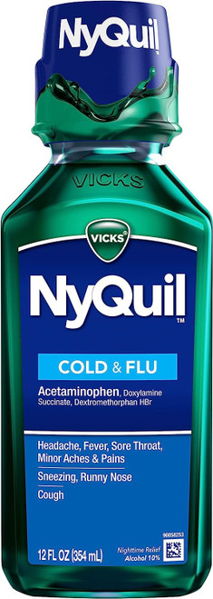 Vicks NyQuil, Nighttime Cold & Flu Symptom Relief, Relives Aches, Fever, Sore Throat, Sneezing, Runny Nose, Cough, 12 Fl Oz, Original Flavor Vicks NyQuil, Nighttime Cold & Flu Symptom Relief, Relives Aches, Fever, Sore Throat, Sneezing, Runny Nose, Cough, 12 Fl Oz, Original Flavor