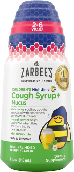Zarbee's Kids Cough + Mucus Nighttime for Children 2-6 with Dark Honey, Ivy Leaf, Zinc & Elderberry, 1 Pediatrician Recommended, Drug & Alcohol-Free, Mixed Berry Flavor, 4FL Oz Zarbee's Kids Cough + Mucus Nighttime for Children 2-6 with Dark Honey, Ivy Leaf, Zinc & Elderberry, 1 Pediatrician Recommended, Drug & Alcohol-Free, Mixed Berry Flavor, 4FL Oz