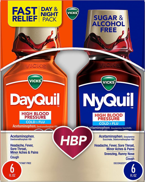 Vicks DayQuil and NyQuil High Blood Pressure Cold and Flu Relief Liquid Medicine Combo Pack, Multi-Symptom Daytime and Nighttime Relief for Cold, Cough, Flu Symptoms, Alcohol No, 2 x 8 FL OZ Bottles Vicks DayQuil and NyQuil High Blood Pressure Cold and Flu Relief Liquid Medicine Combo Pack, Multi-Symptom Daytime and Nighttime Relief for Cold, Cough, Flu Symptoms, Alcohol No, 2 x 8 FL OZ Bottles