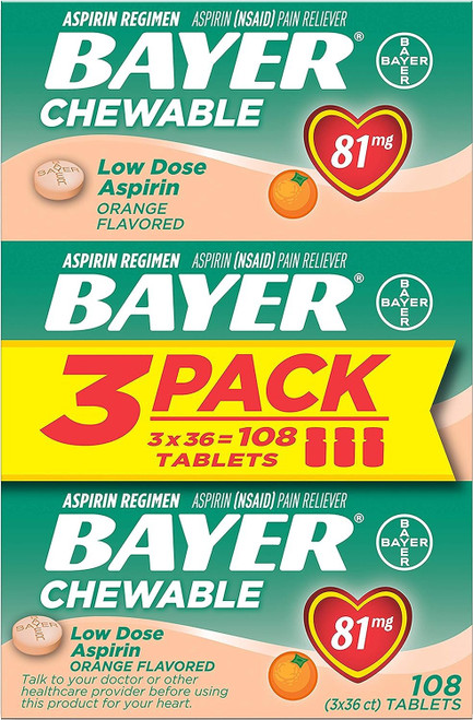 Aspirin Regimen Bayer 81mg Chewable Tablets | #1 Doctor Recommended Aspirin Brand | Pain Reliever | Orange Flavor | 108 Count, 36 Count (Pack of 3) Aspirin Regimen Bayer 81mg Chewable Tablets | #1 Doctor Recommended Aspirin Brand | Pain Reliever | Orange Flavor | 108 Count, 36 Count (Pack of 3)
