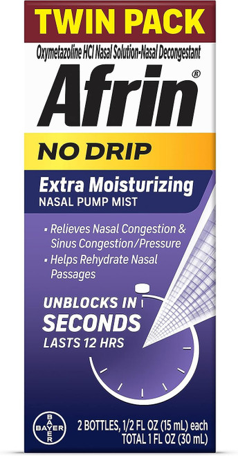 Afrin No Drip Extra Moisturizing Pump Nasal Mist Twin Pack, - Nasal Relief Spray For Nose Congestion and Nasal Relief, 1 Fluid Ounce Total (0.5 FL OZ Bottles) (Packaging May Vary) Afrin No Drip Extra Moisturizing Pump Nasal Mist Twin Pack, - Nasal Relief Spray For Nose Congestion and Nasal Relief, 1 Fluid Ounce Total (0.5 FL OZ Bottles) (Packaging May Vary)