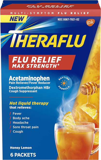 Theraflu Max Strength Daytime Flu Medicine for Flu Symptom Relief with Acetaminophen and Dextromethorphan HBr, Honey Lemon Flavored - 6 Powder Packets Theraflu Max Strength Daytime Flu Medicine for Flu Symptom Relief with Acetaminophen and Dextromethorphan HBr, Honey Lemon Flavored - 6 Powder Packets
