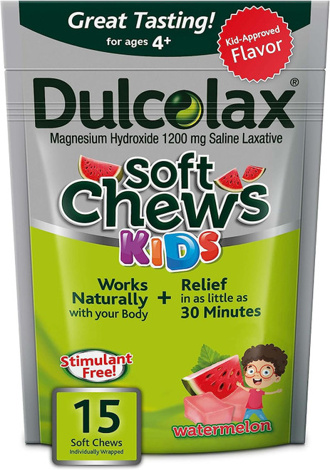 Dulcolax Kids Soft Chews Saline Laxative Watermelon Gentle Constipation Relief, Magnesium Hydroxide 1200mg, 15 Count Dulcolax Kids Soft Chews Saline Laxative Watermelon Gentle Constipation Relief, Magnesium Hydroxide 1200mg, 15 Count